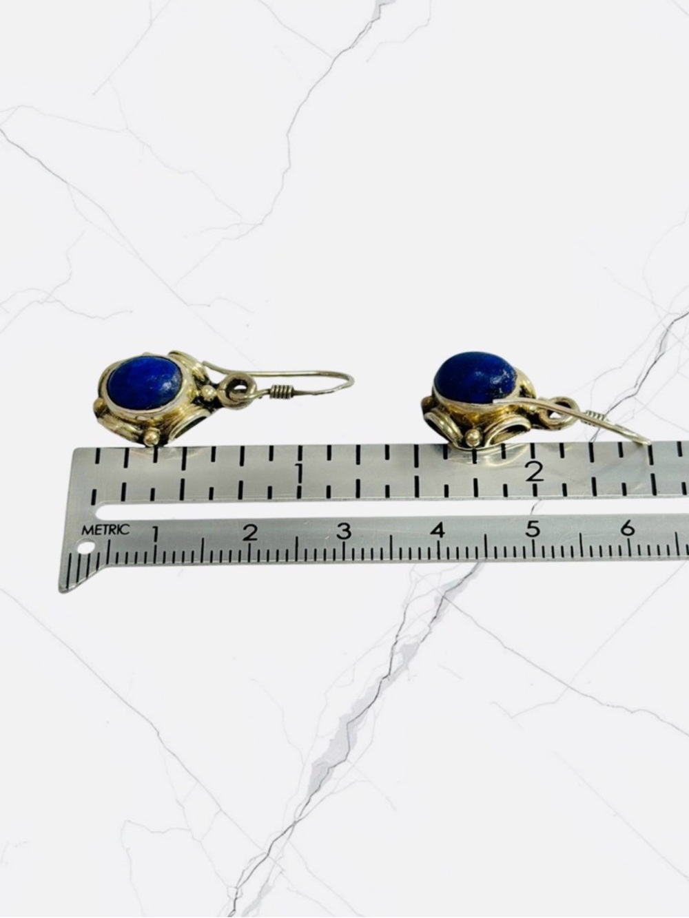 Vintage Sterling Silver Dangle Oval Blue Stone Lapis Lazuli ? Hook Earrings - Picture 6 of 8